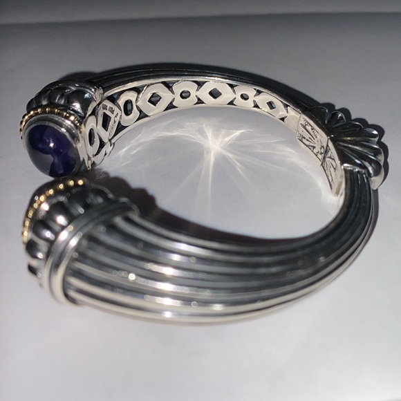 Lagos RARE blue iolite Caviar heavy silver/18k gold  hinged cuff bracelet - Picture 7 of 10